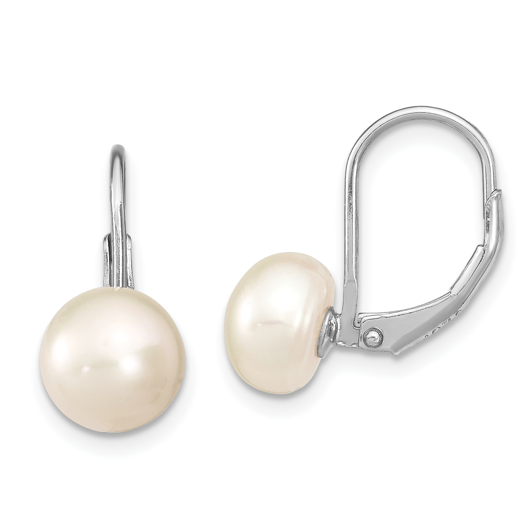 Sterling Silver Rhodium-plated 8-9mm White Button Freshwater Cultured Pearl Leverback Earrings (QE13896)