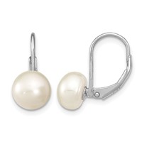 Sterling Silver Rhodium-plated 8-9mm White Button Freshwater Cultured Pearl Leverback Earrings view 1