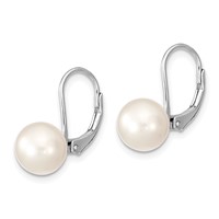Sterling Silver Rhodium-plated 8-9mm White Round Freshwater Cultured Pearl Leverback Earrings view 2