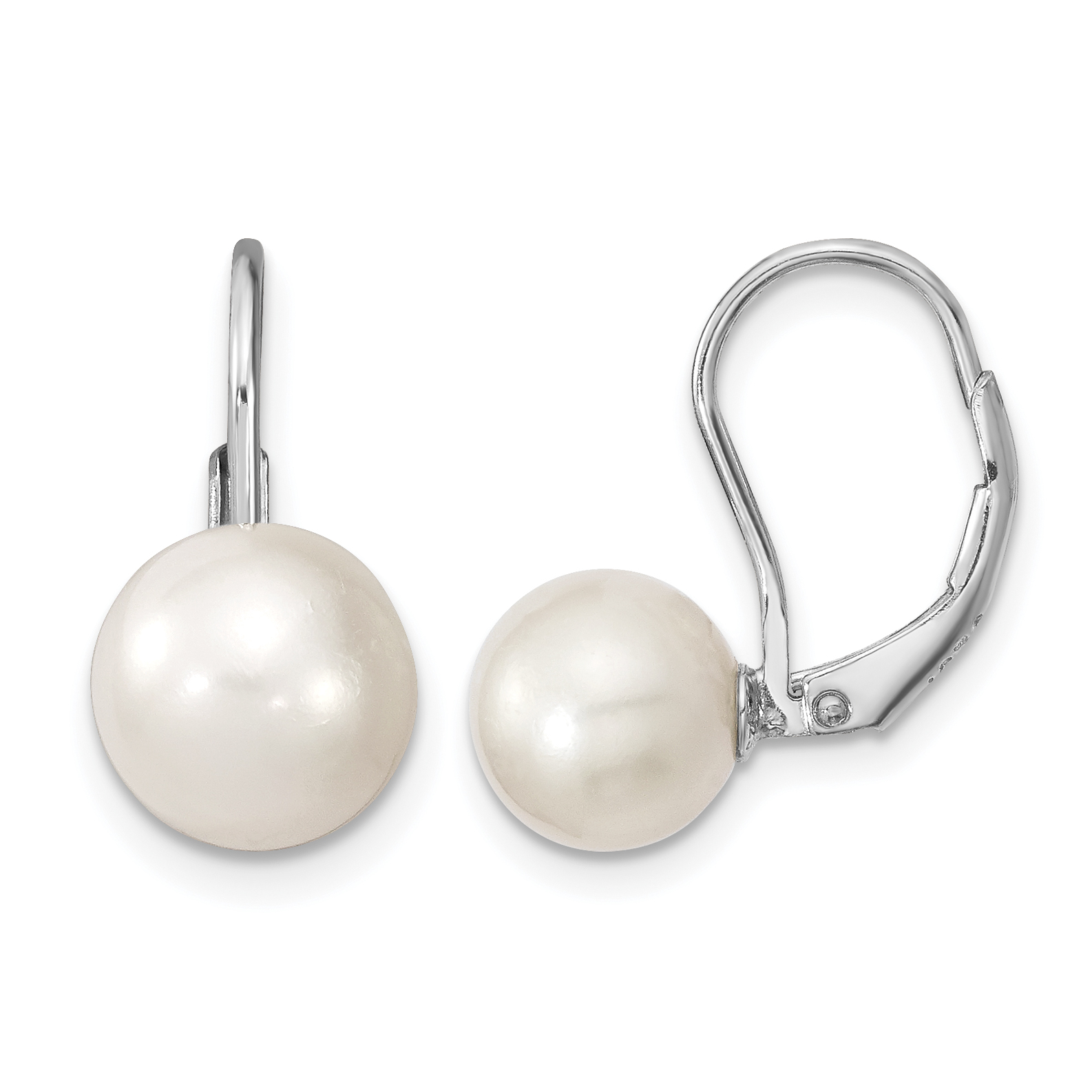 Sterling Silver Rhodium-plated 8-9mm White Round Freshwater Cultured Pearl Leverback Earrings (QE13897)