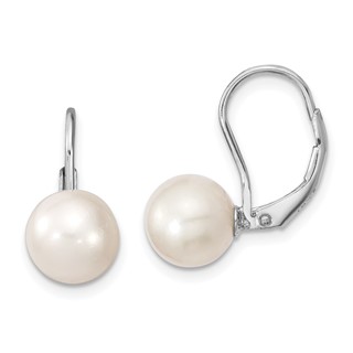 Sterling Silver Rhodium-plated 8-9mm White Round Freshwater Cultured Pearl Leverback Earrings