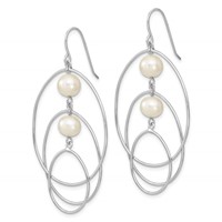 Sterling Silver Rhodium-plated 8-9mm White Semi-Round Freshwater Cultured Pearl Circles Dangle Earrings view 2