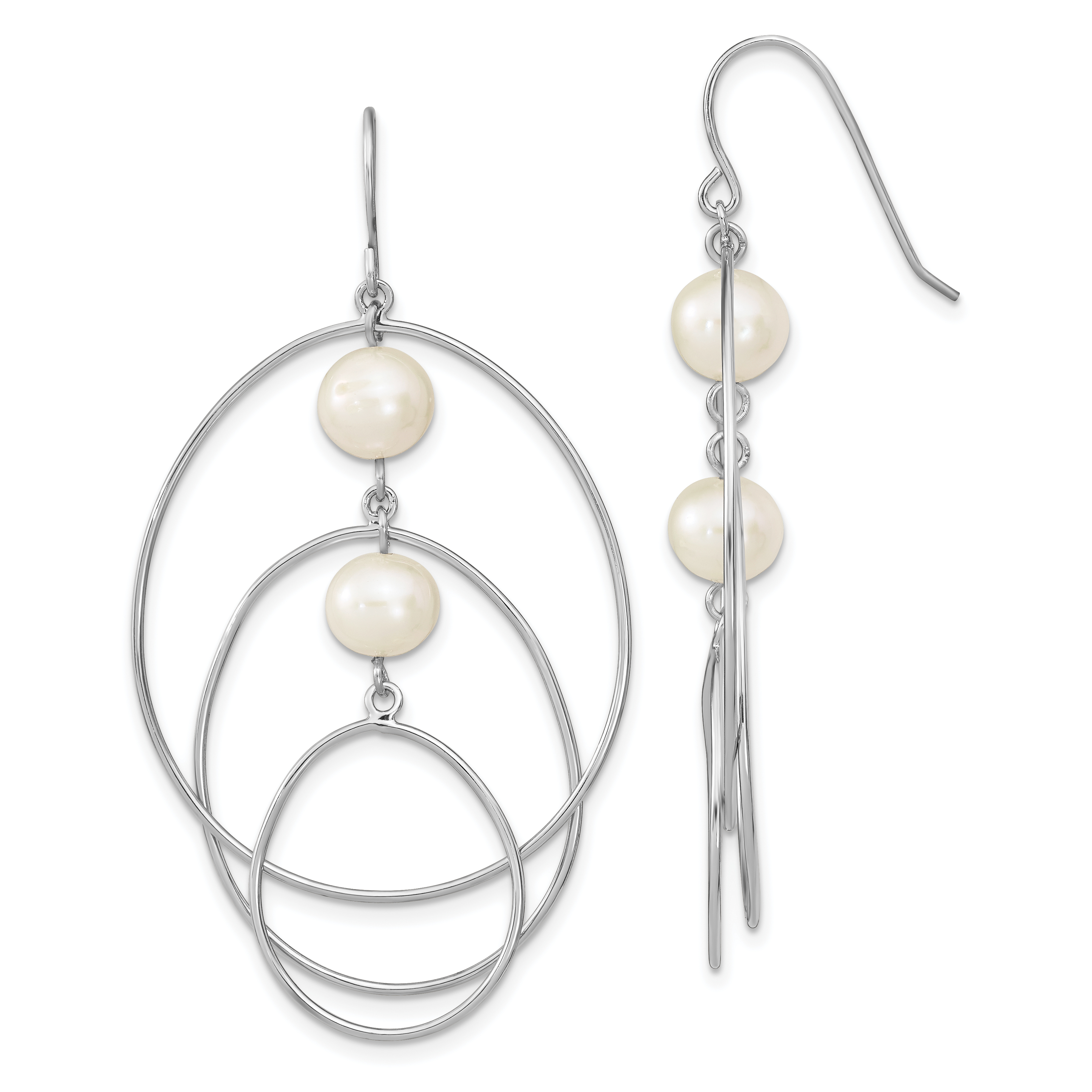 Sterling Silver Rhodium-plated 8-9mm White Semi-Round Freshwater Cultured Pearl Circles Dangle Earrings (QE13903)