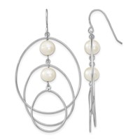 Sterling Silver Rhodium-plated 8-9mm White Semi-Round Freshwater Cultured Pearl Circles Dangle Earrings view 1