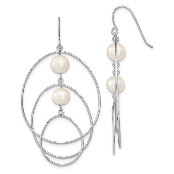 Sterling Silver Rhodium-plated 8-9mm White Semi-Round Freshwater Cultured Pearl Circles Dangle Earrings