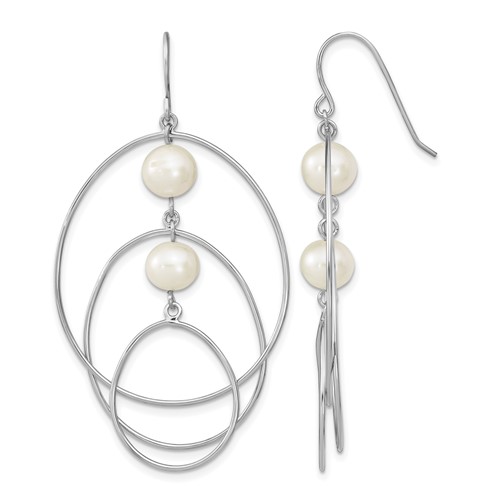 Sterling Silver Rhodium-plated 8-9mm White Semi-Round Freshwater Cultured Pearl Circles Dangle Earrings