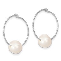Sterling Silver Rhodium-plated 8-9mm White Round Freshwater Cultured Pearl Hoop Earrings view 2