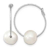 Sterling Silver Rhodium-plated 8-9mm White Round Freshwater Cultured Pearl Hoop Earrings view 1