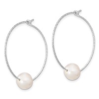 Sterling Silver Rhodium-plated 8-9mm White Semi-Round Freshwater Cultured Pearl Hoop Earrings view 2