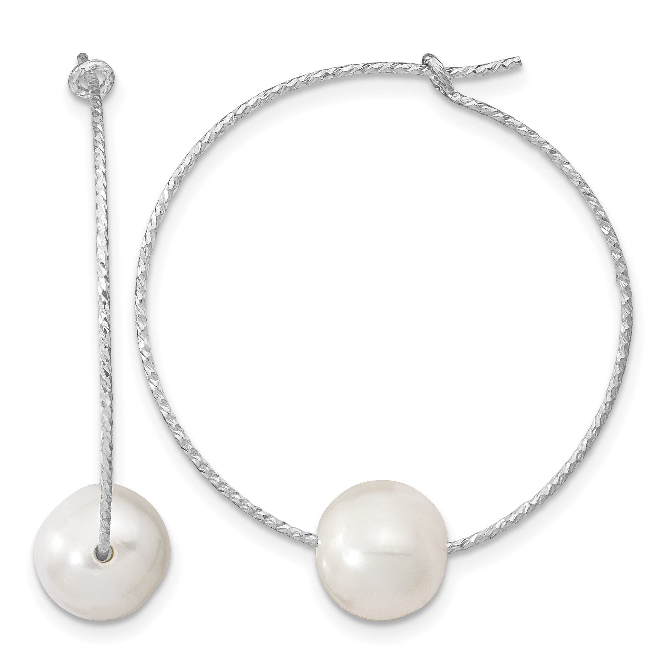 Sterling Silver Rhodium-plated 8-9mm White Semi-Round Freshwater Cultured Pearl Hoop Earrings (QE13908)