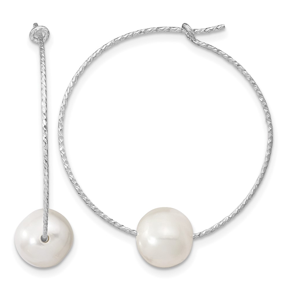 Sterling Silver Rhodium-plated 8-9mm White Semi-Round Freshwater Cultured Pearl Hoop Earrings (QE13908)