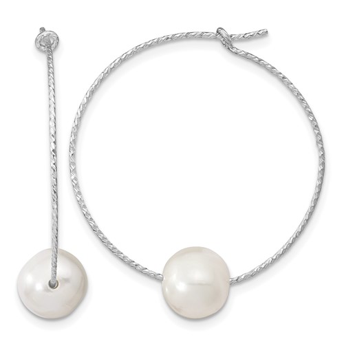 Sterling Silver Rhodium-plated 8-9mm White Semi-Round Freshwater Cultured Pearl Hoop Earrings