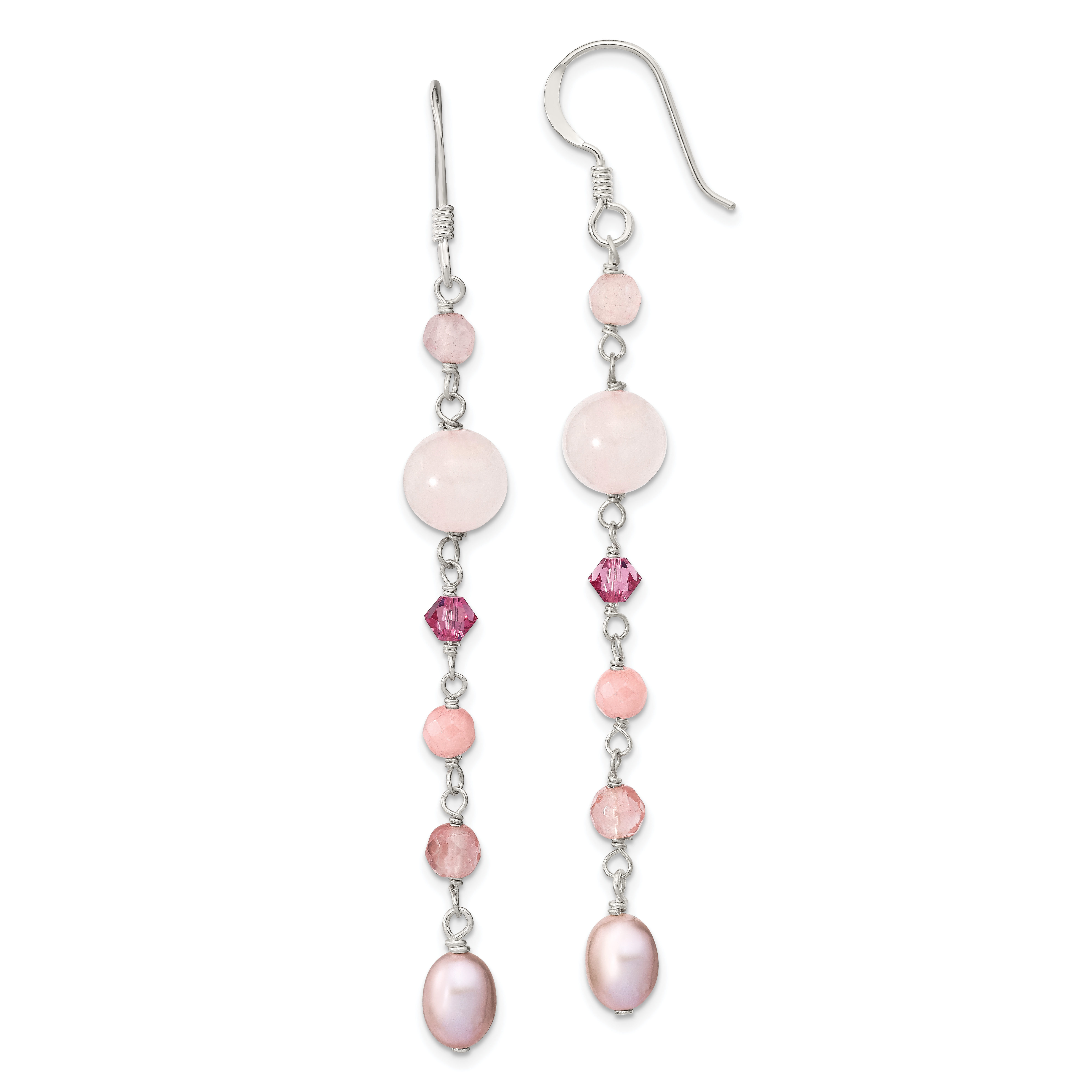 Sterling Silver Polished Pink FWC Pearl, Pink Jade, Rosaline, Cherry & Rose Quartz Dangle Earrings (QE13911)