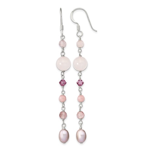 Sterling Silver Polished Pink Fwc Pearl, Pink Jade, Rosaline, Cherry & Rose Quartz Dangle Earrings