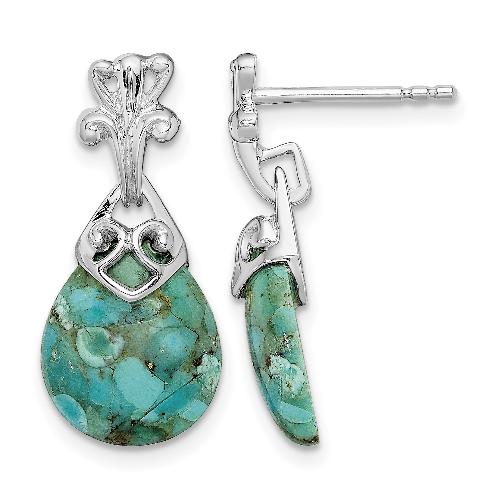 Sterling Silver Rhodium-plated w/Reconstituted Turquoise Dangle Earrings (QE13921)