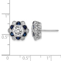 Sterling Silver Rhodium-plated Blue Spinel and CZ Flower Post Earrings view 4