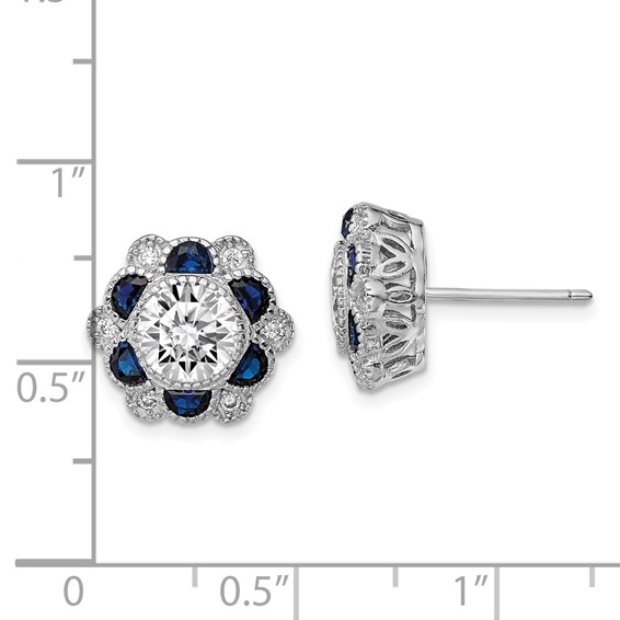 Sterling Silver Rhodium-plated Blue Spinel and CZ Flower Post Earrings