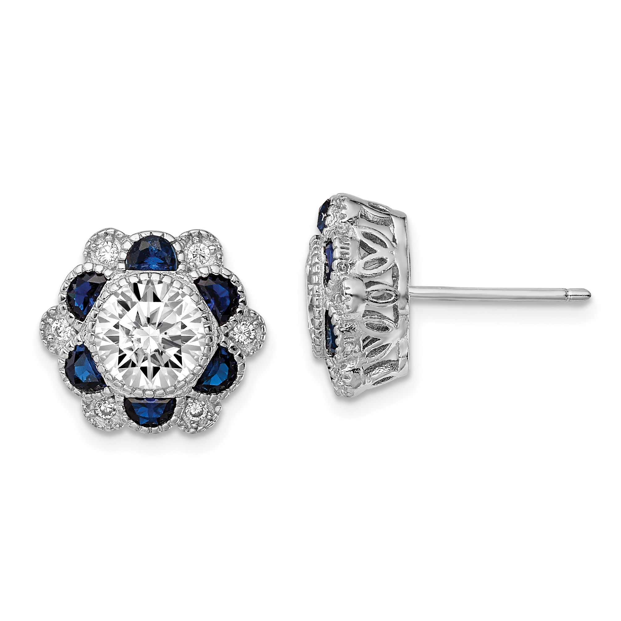 Sterling Silver Rhodium-plated Blue Spinel and CZ Flower Post Earrings (QE13925)