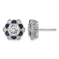 Sterling Silver Rhodium-plated Blue Spinel and CZ Flower Post Earrings view 1