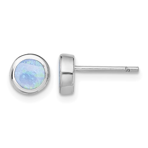 Sterling Silver RH-plated Polished Blue Created Opal Round Stud Earrings