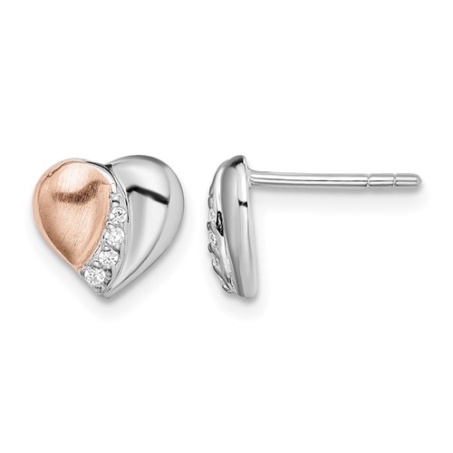 Sterling Silver Rhodium Rose Gold-plated CZ Heart Earrings