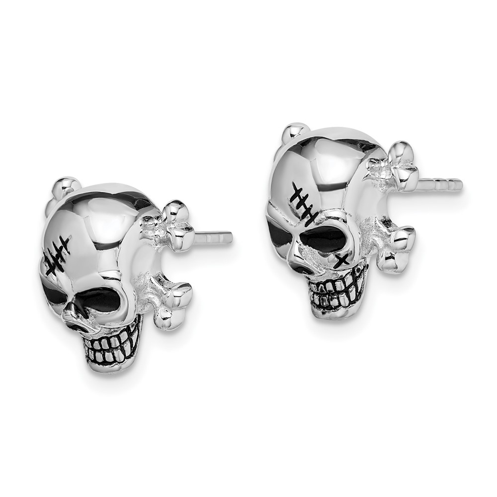 Sterling Silver Rhodium-plated Antiqued Enameled Skull Post Earrings (QE13970)