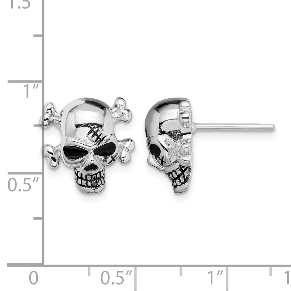 Sterling Silver Rhodium-plated Antiqued Enameled Skull Post Earrings (QE13970)