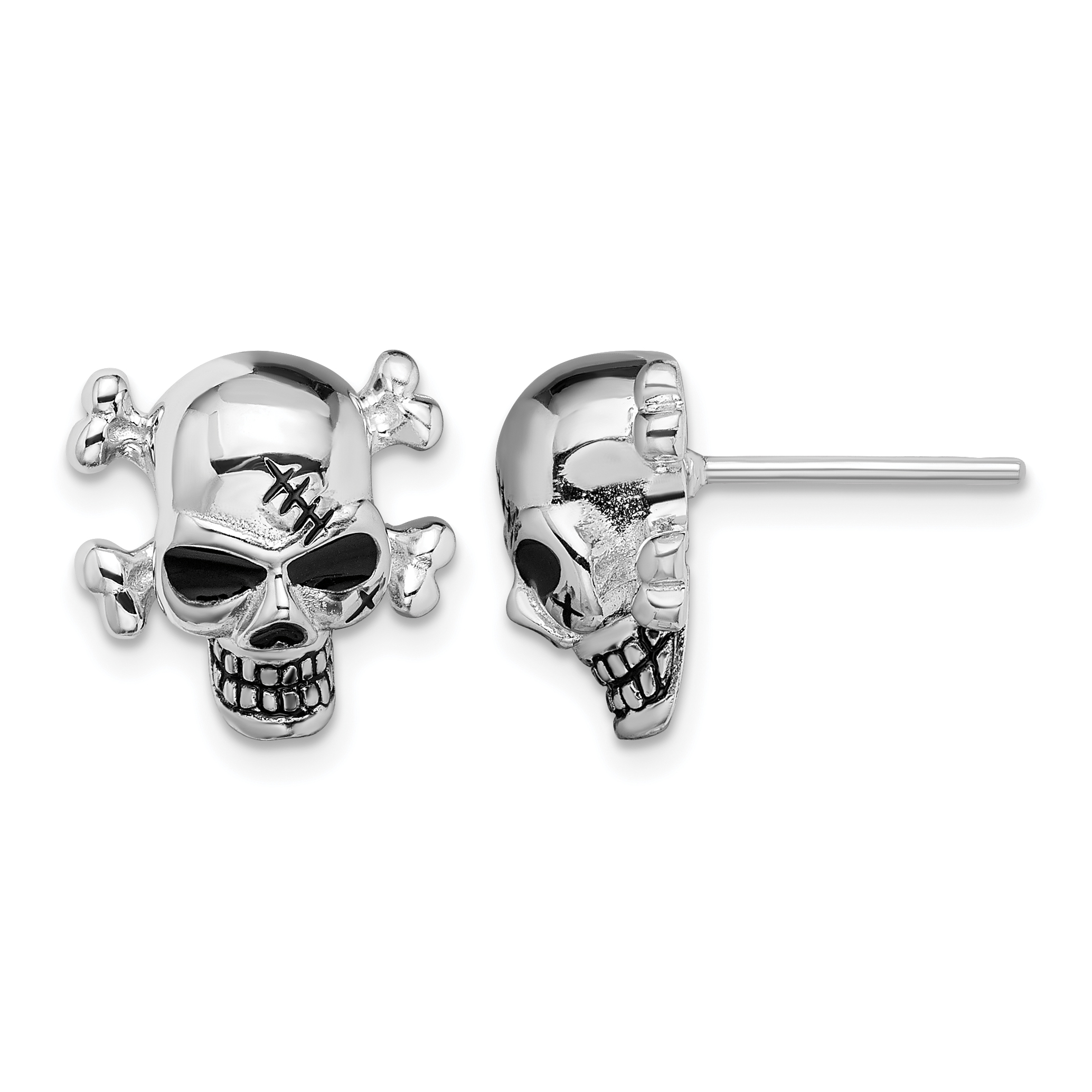 Sterling Silver Rhodium-plated Antiqued Enameled Skull Post Earrings (QE13970)