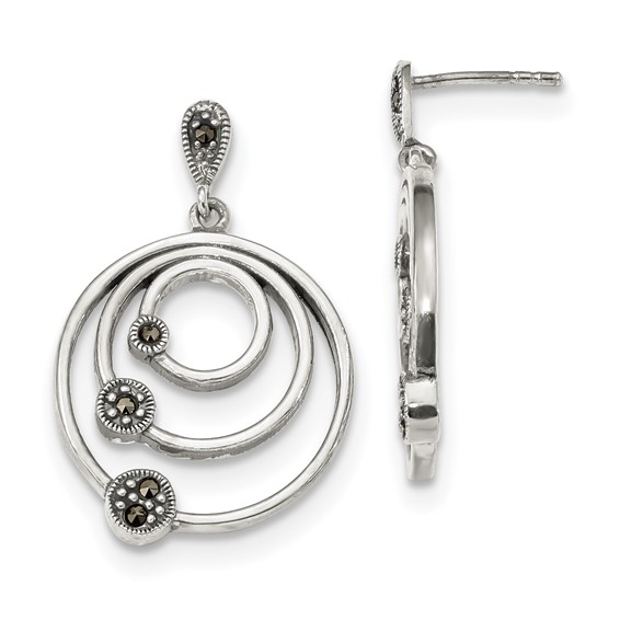 Sterling Silver Antiqued 3-Circles Marcasite Post Dangle Earrings