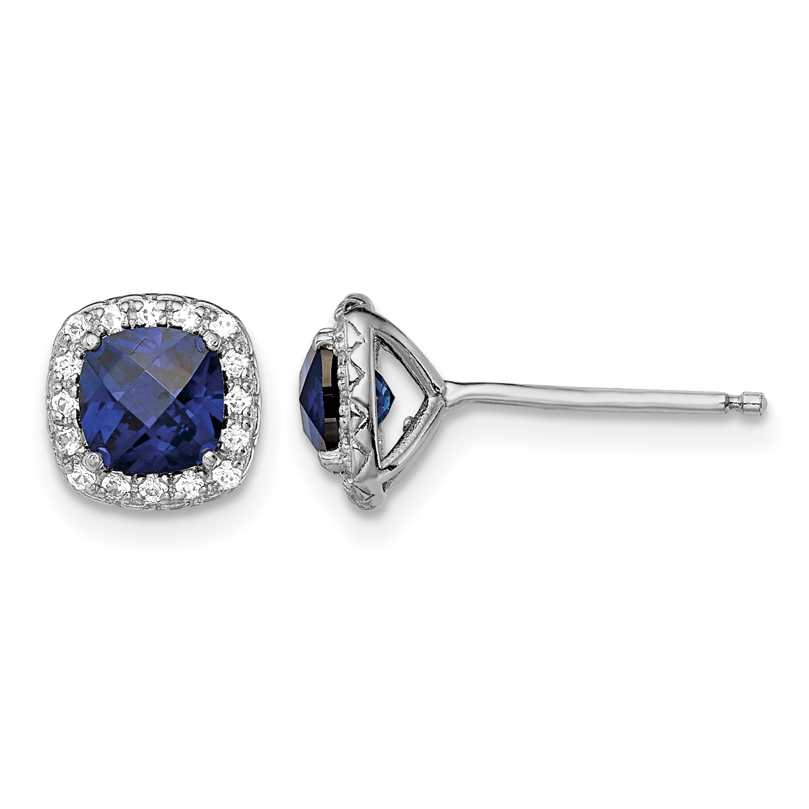 Sterling Silver Rhod-plated Created Blue/White Sapphire Post Earrings (QE13979)