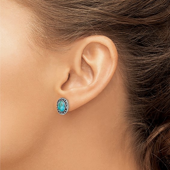 Sterling Silver Rhodium/Oxidized w/Recon. Turquoise Post Earrings
