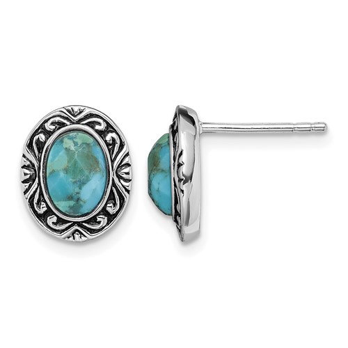Sterling Silver Rhodium Oxidized Earrings with Recon. Turquoise Post