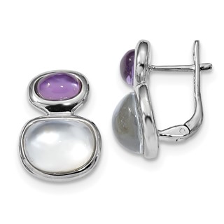 Sterling Silver Rhodium-plated Purple Crystal/MOP Hinged Earrings