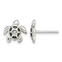 Sterling Silver Antiqued Aqua Crystal Turtle Post Earrings view 1