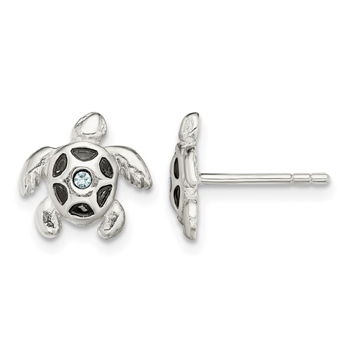 Sterling Silver Antiqued Aqua Crystal Turtle Post Earrings