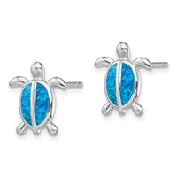 Sterling Silver Rhodium-plated Polished Blue Created Opal Polished Turtle Post Earrings view 2