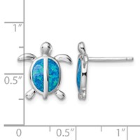 Sterling Silver Rhodium-plated Polished Blue Created Opal Polished Turtle Post Earrings view 4