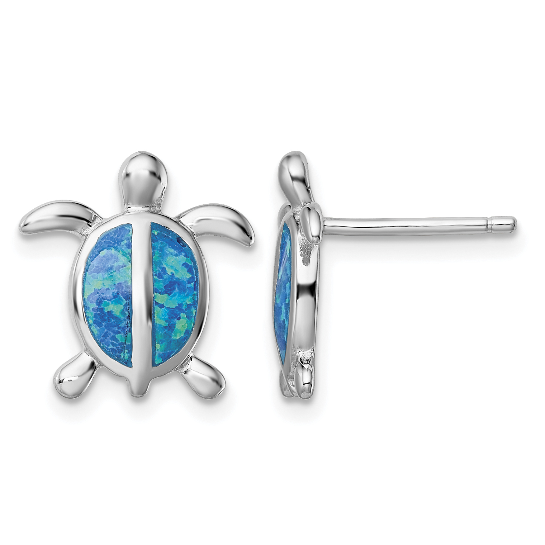 Sterling Silver Rhodium-plated Polished Blue Created Opal Polished Turtle Post Earrings (QE14035)