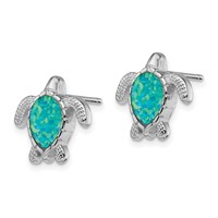 Sterling Silver Rhodium-plated Polished Green Created Opal Turtle Post Earrings view 2