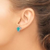 Sterling Silver Rhodium-plated Polished Green Created Opal Turtle Post Earrings view 3