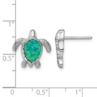 Sterling Silver Rhodium-plated Polished Green Created Opal Turtle Post Earrings view 4