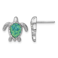 Sterling Silver Rhodium-plated Polished Green Created Opal Turtle Post Earrings view 1