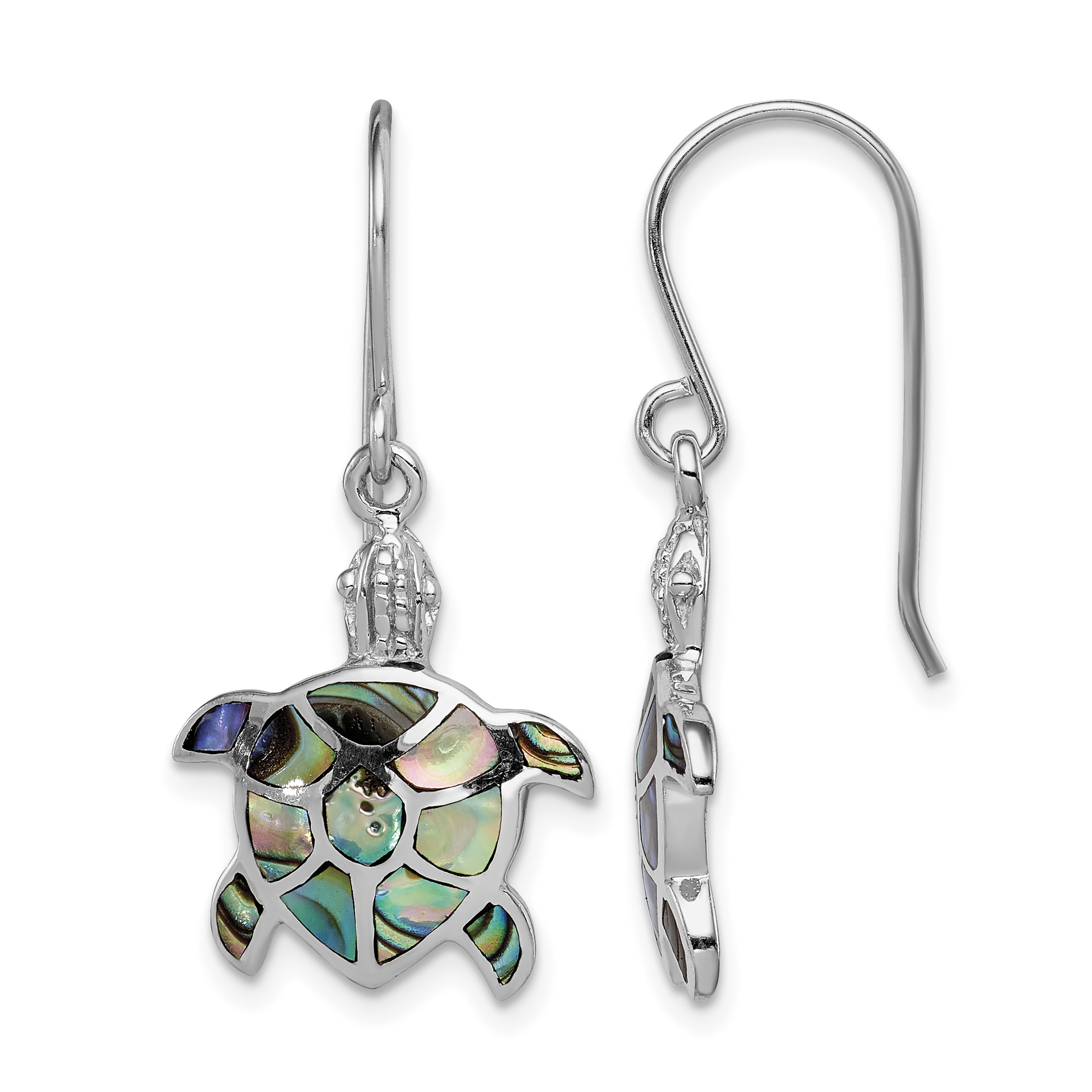 Sterling Silver Rhodium-plated Polished Abalone Turtle Dangle Earrings (QE14037)
