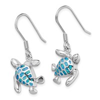 Sterling Silver Rhodium-plated Polished Blue Created Opal Turtle Dangle Earrings view 2