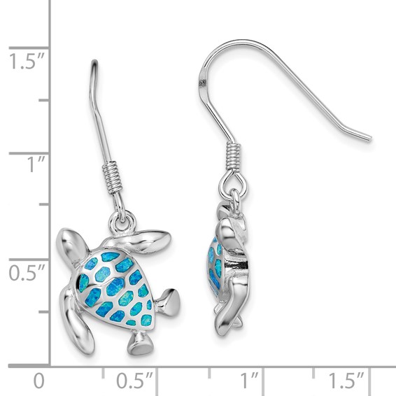 Sterling Silver Rhodium-plated Polished Blue Created Opal Turtle Dangle Earrings