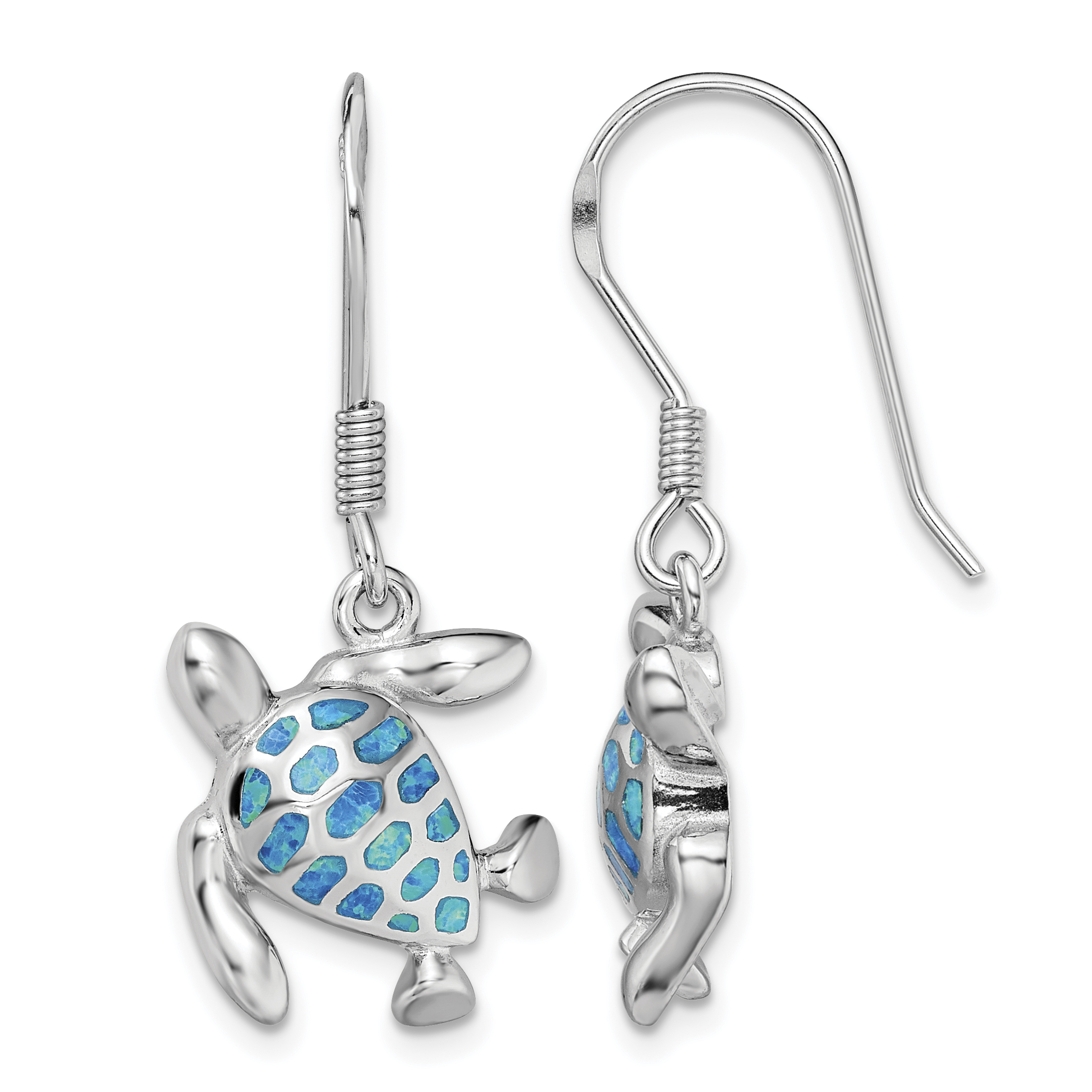 Sterling Silver Rhodium-plated Polished Blue Created Opal Turtle Dangle Earrings (QE14038)