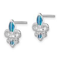 Sterling Silver Rhodium-plated Polished & Beaded Blue Created Opal Fleur De Lis Post Earrings view 2