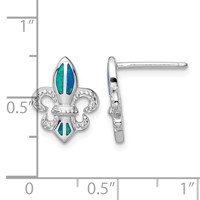 Sterling Silver Rhodium-plated Polished & Beaded Blue Created Opal Fleur De Lis Post Earrings view 4