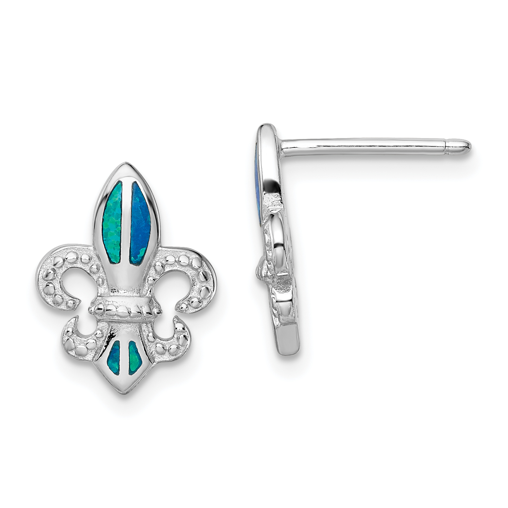 Sterling Silver Rhodium-plated Polished & Beaded Blue Created Opal Fleur De Lis Post Earrings (QE14042)