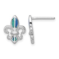 Sterling Silver Rhodium-plated Polished & Beaded Blue Created Opal Fleur De Lis Post Earrings view 1
